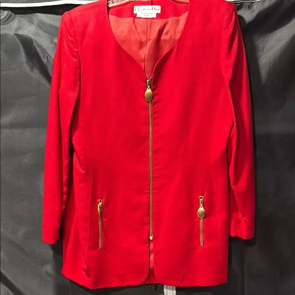 Christian Dior Suit Set Skirt Blazer Jacket 2 Piece 100% Wool Red Gold Size 10